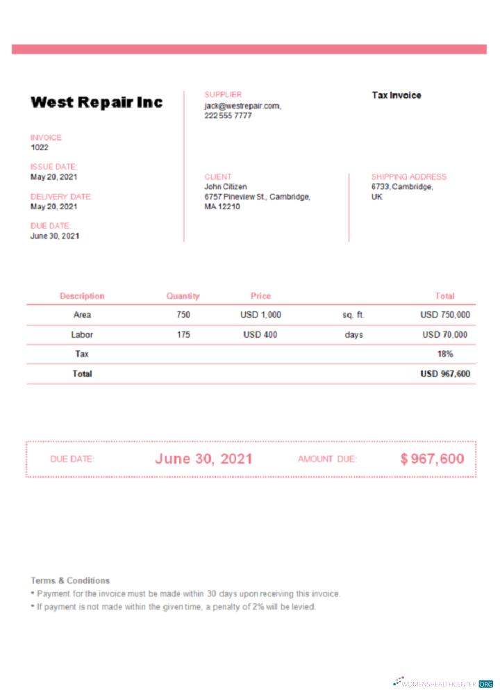 Download United Kingdom West Repair Inc invoice Photoshop template